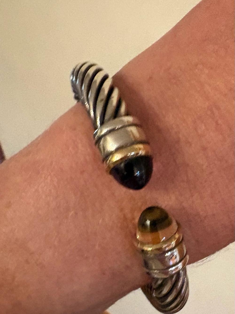 Twisted Open Cuff Bracelet Sterling and 18k Accent Cabuchon Amethyst & Citrine